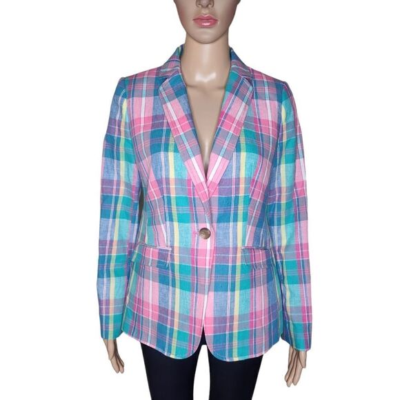 Talbots Women's multi classic summer size 2 madras plaid linen cotton blazer - Picture 2 of 8